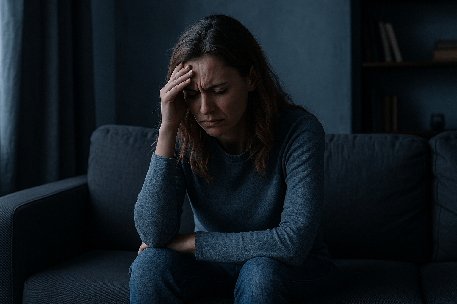 Una mujer preocupada y ansiosa, atrapada en un entorno sombrío.