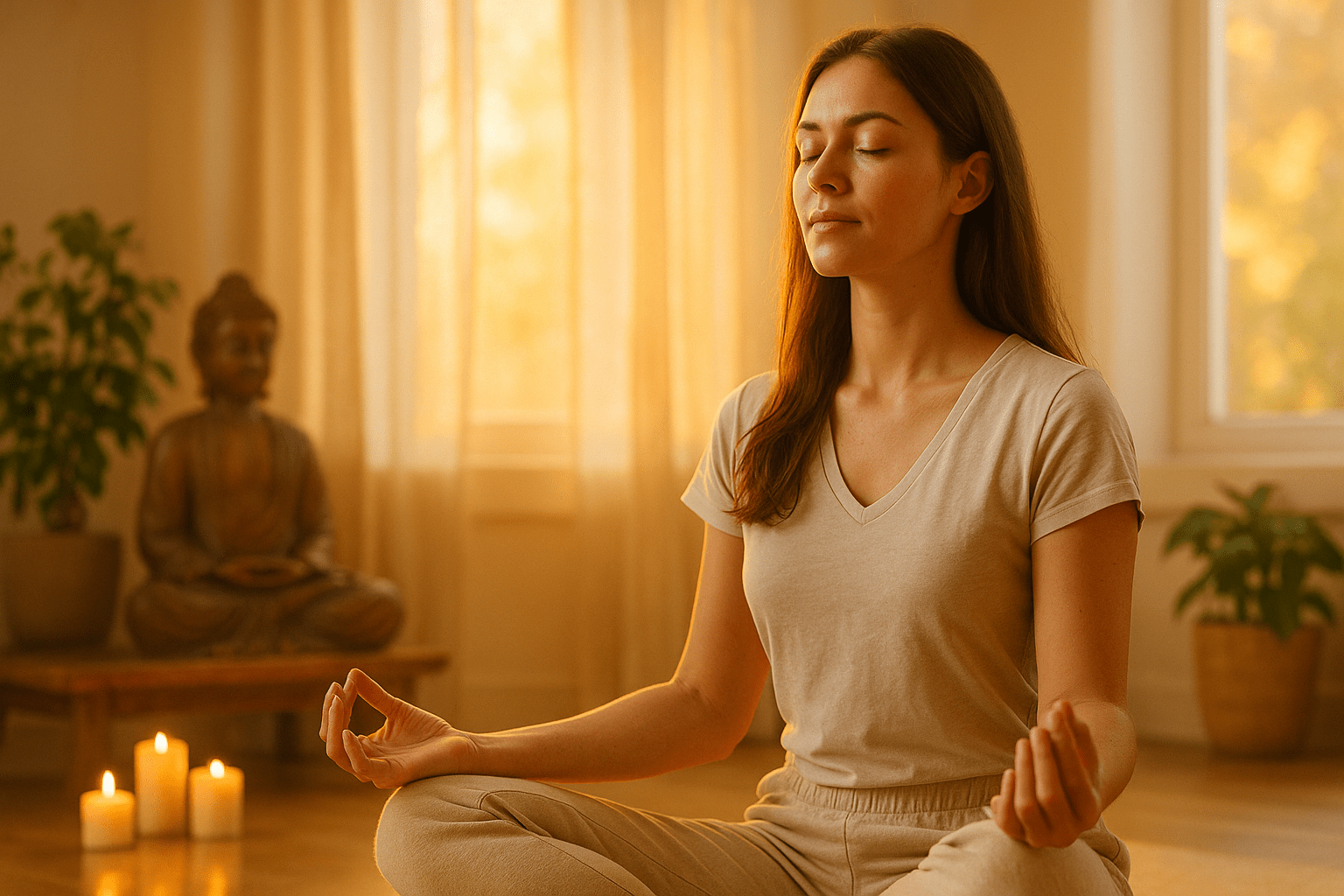 Una mujer medita en un ambiente cálido con luz natural, velas y un Buda decorativo