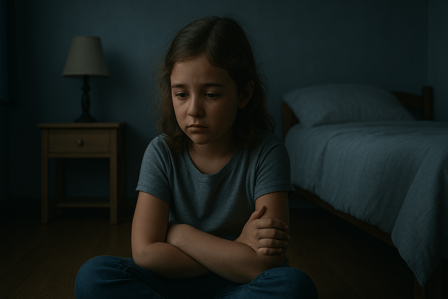 Una niña sola en su habitación transmite un estado emocional nostálgico bajo una luz sombría