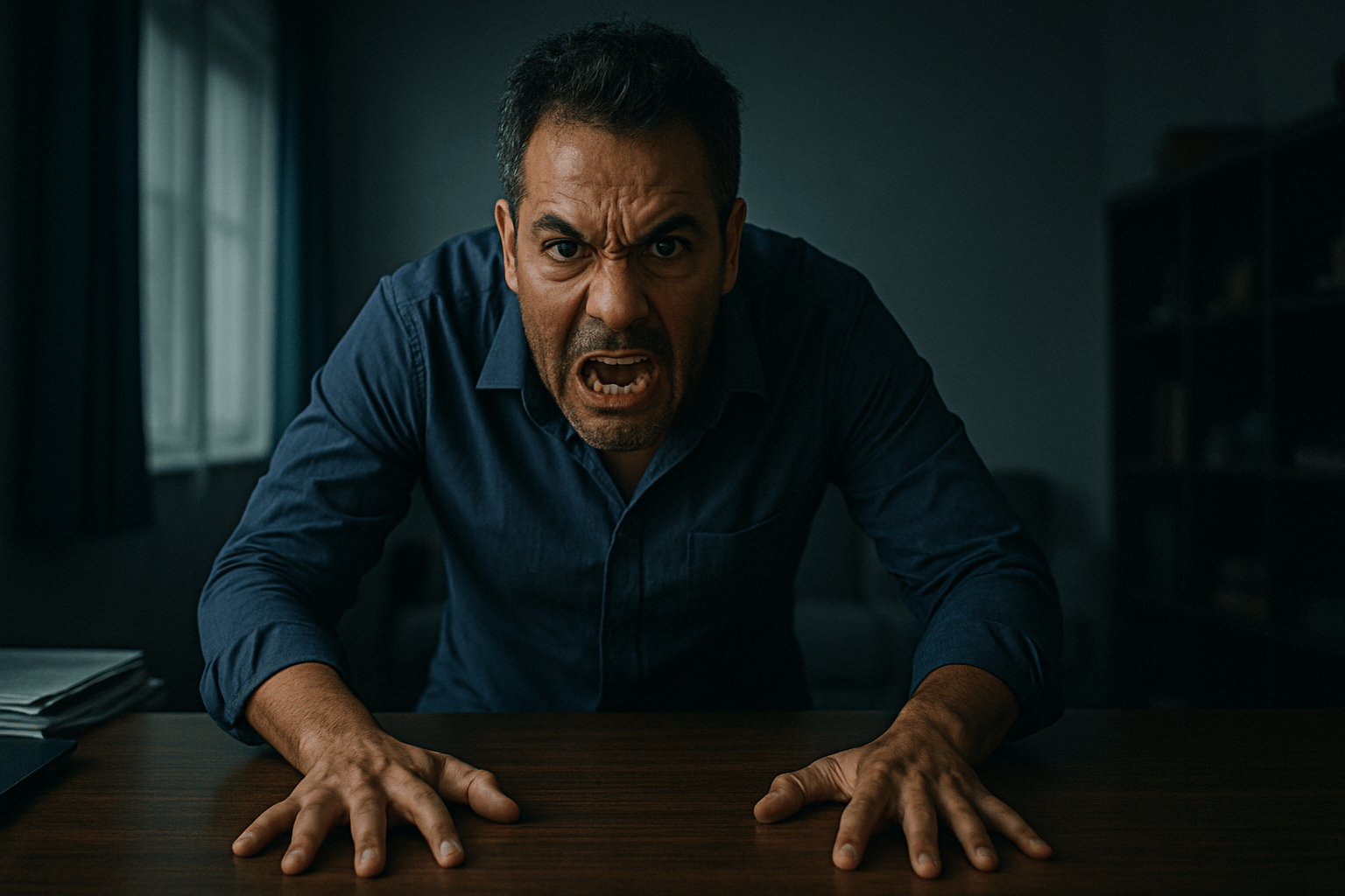 Hombre latino de mediana edad inclinado hacia adelante, con expresión de furia y nerviosismo, en un entorno sombrío, apoyando sus manos con fuerza en un escritorio.