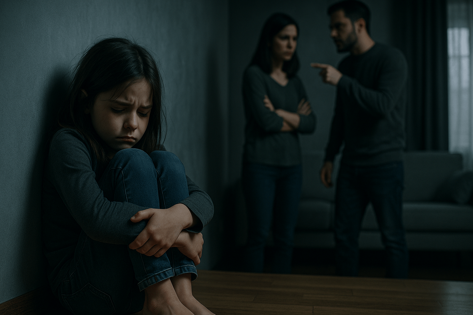 Niña sentada en el suelo con expresión de tristeza mientras sus padres discuten en el fondo, representando la herida de rechazo.