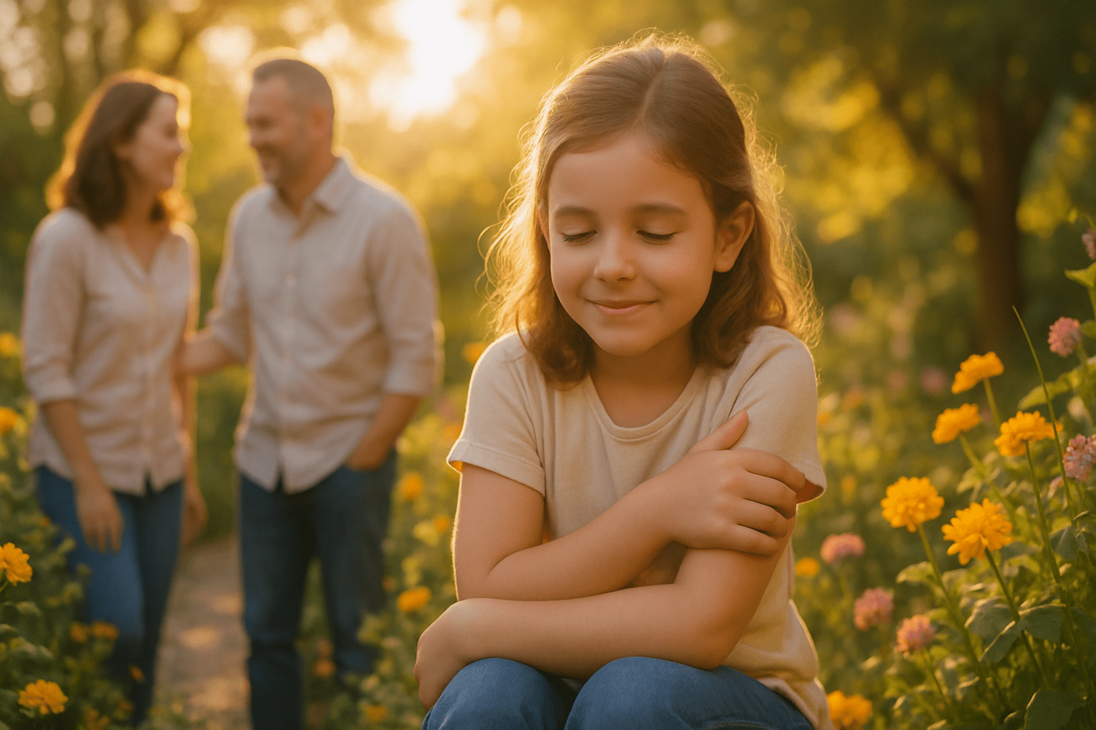 Niña abrazándose a sí misma en un jardín soleado, con expresión de calma y esperanza, simbolizando la superación de la herida de rechazo
