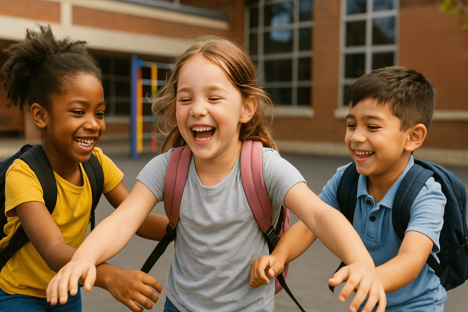 Niña feliz integrada con sus amigos en la escuela