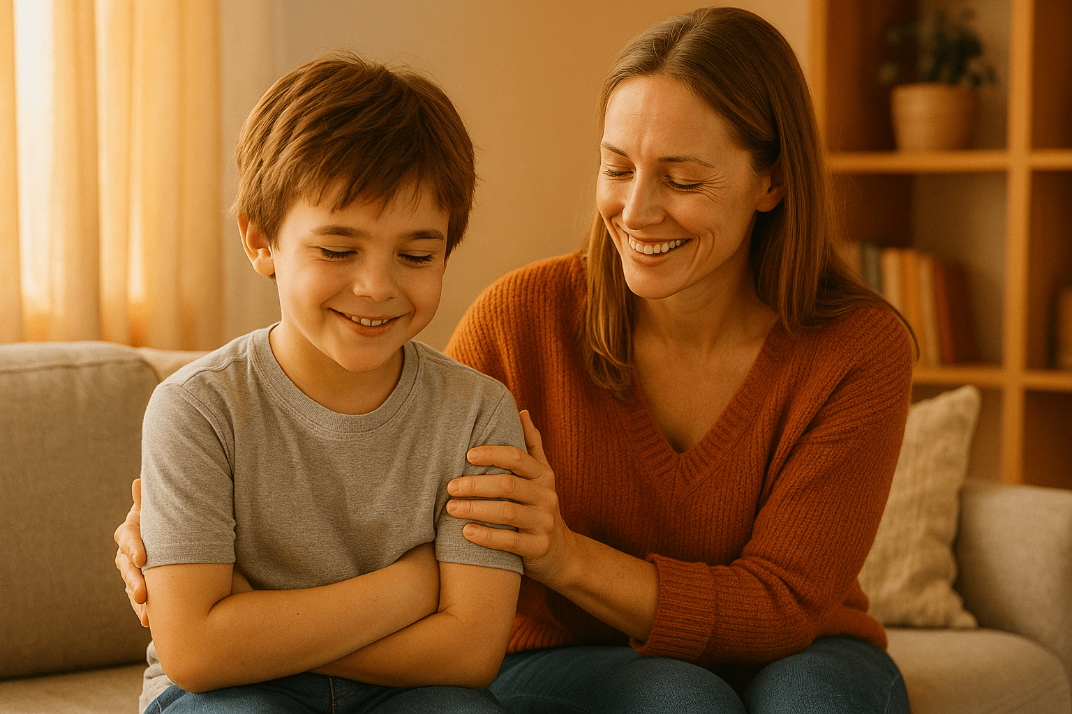 Niño sonriente junto a su madre, ambos compartiendo un momento de alegría en un ambiente luminoso y acogedor