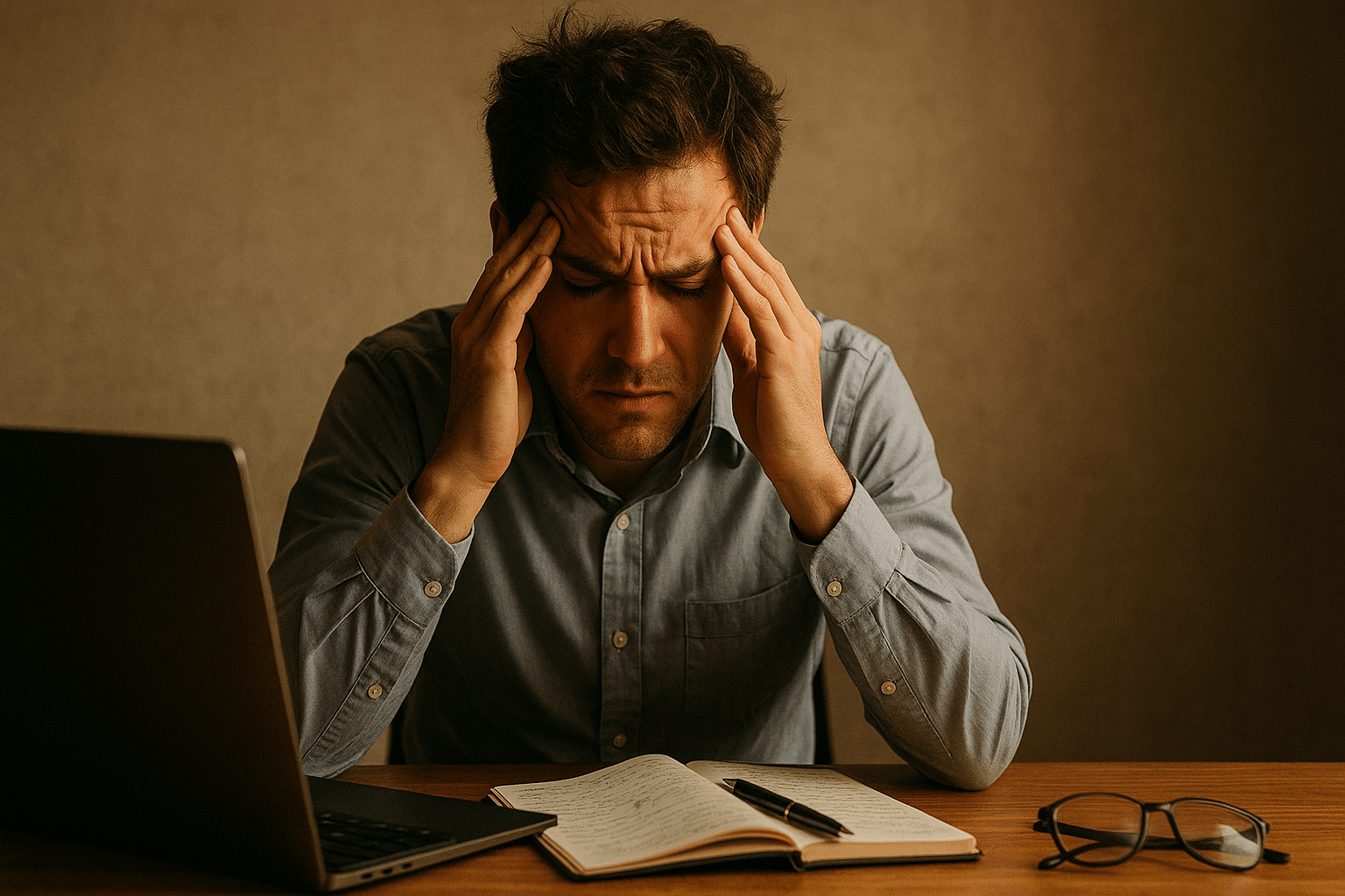 Hombre con expresión de tensión y cansancio, rodeado de computadora, cuaderno y gafas, en ambiente sombrío que refleja estrés