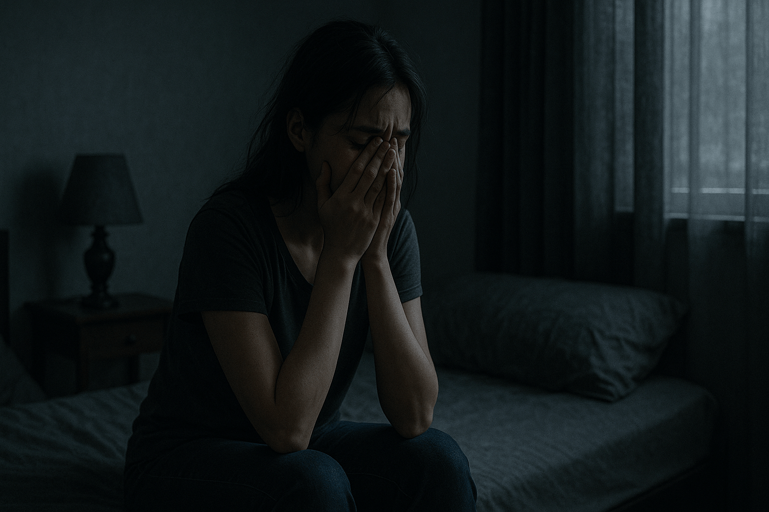 Mujer joven sentada en su cama, cubriéndose el rostro con las manos mientras llora en una habitación oscura y sombría.