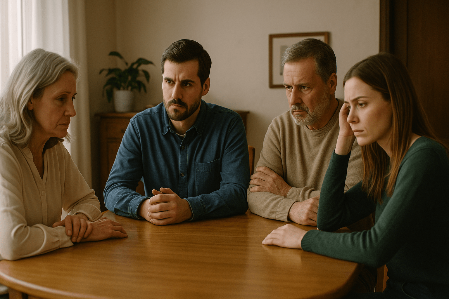 Familia reunida alrededor de una mesa con rostros serios y tensos, simbolizando la ruptura de la confianza por traiciones económicas.