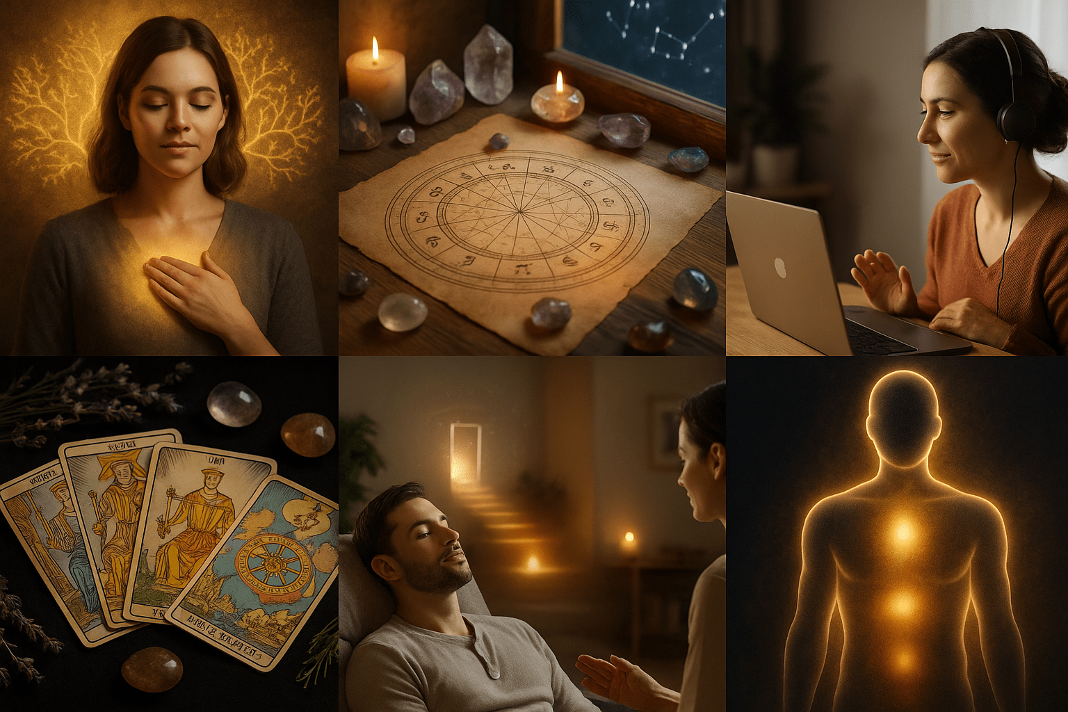 Composición visual simbólica que integra registros akáshicos, biodescodificación, terapia psicoastral, constelaciones familiares, tarot evolutivo y regresión a vidas pasadas