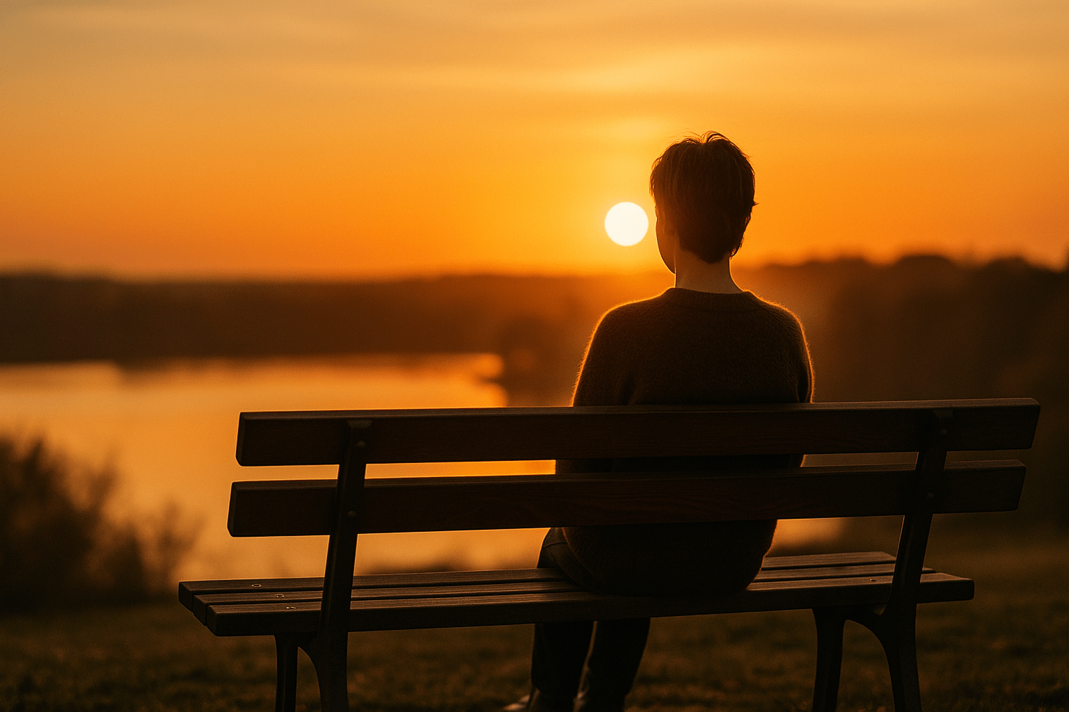 Persona sentada sola en un banco al atardecer, mirando el horizonte con serenidad