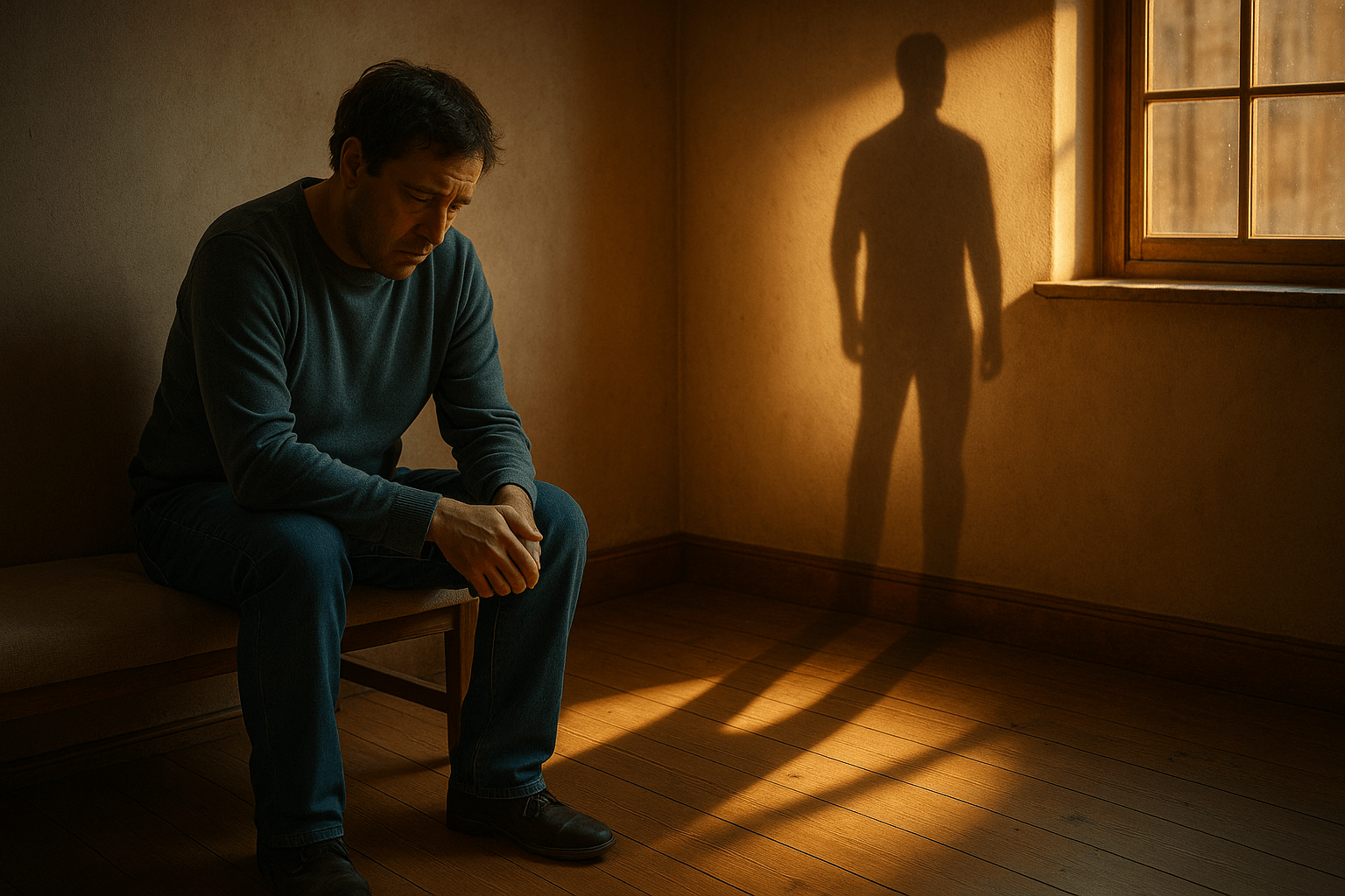 Hombre sentado con expresión abatida, proyectando en la pared la sombra de sí mismo erguido y fuerte