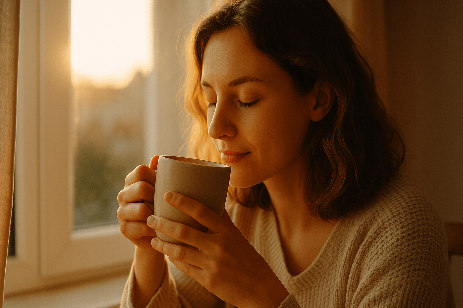 Mujer disfrutando lentamente una taza de café al sol en la mañana.
