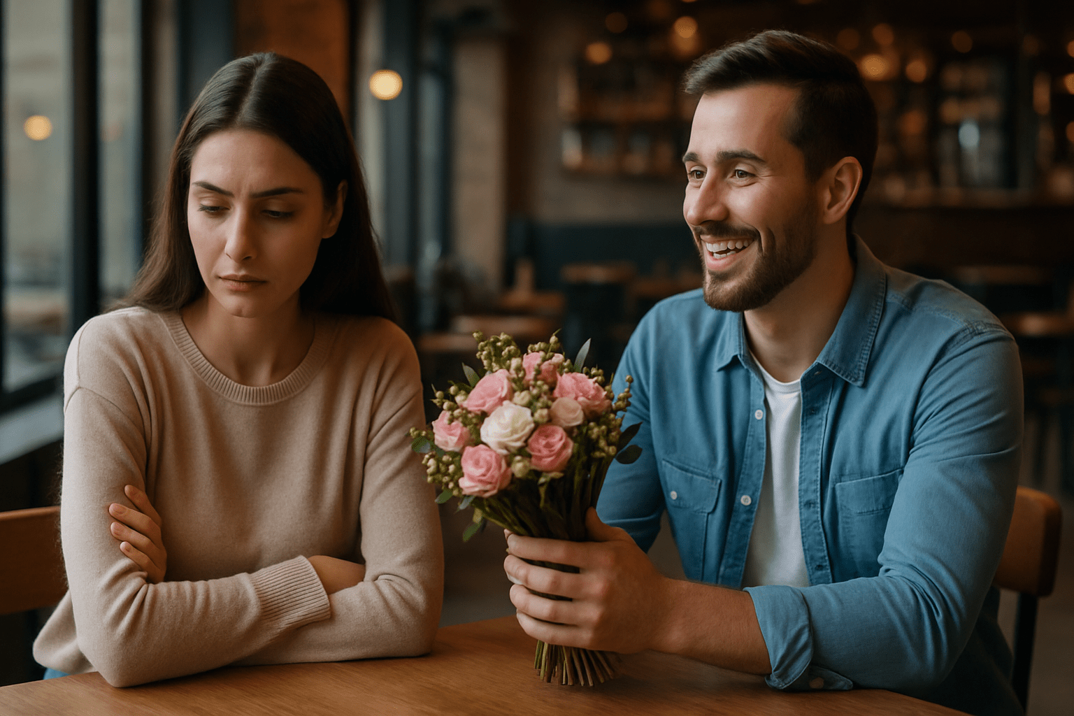 Mujer incómoda en cafetería mientras un hombre sonríe ofreciéndole flores, simbolizando el contraste del love bombing.