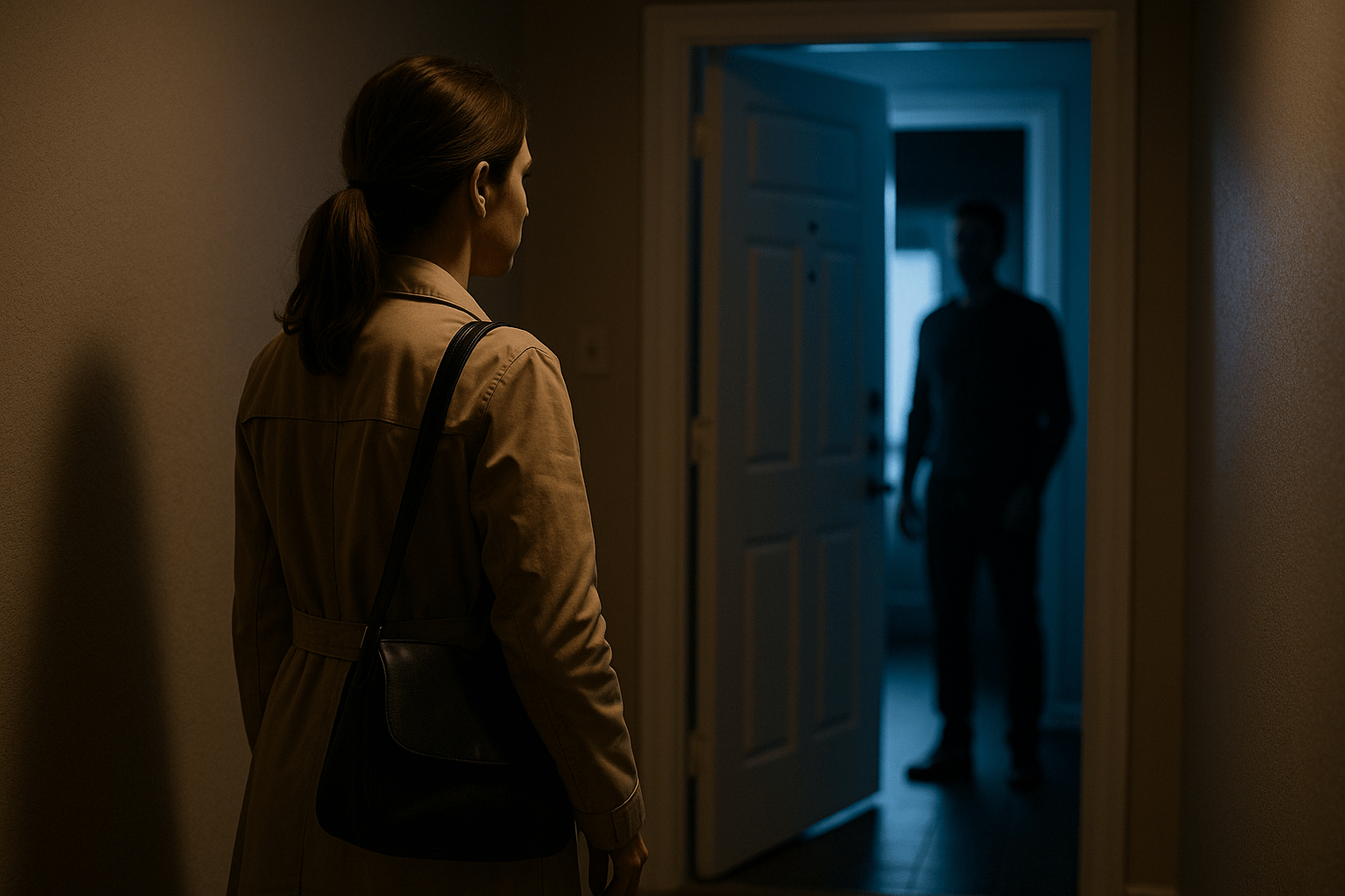 Mujer en pasillo mirando una puerta entreabierta iluminada en azul, con la silueta de su pareja dentro; escena que simboliza duda, control y posible salida.