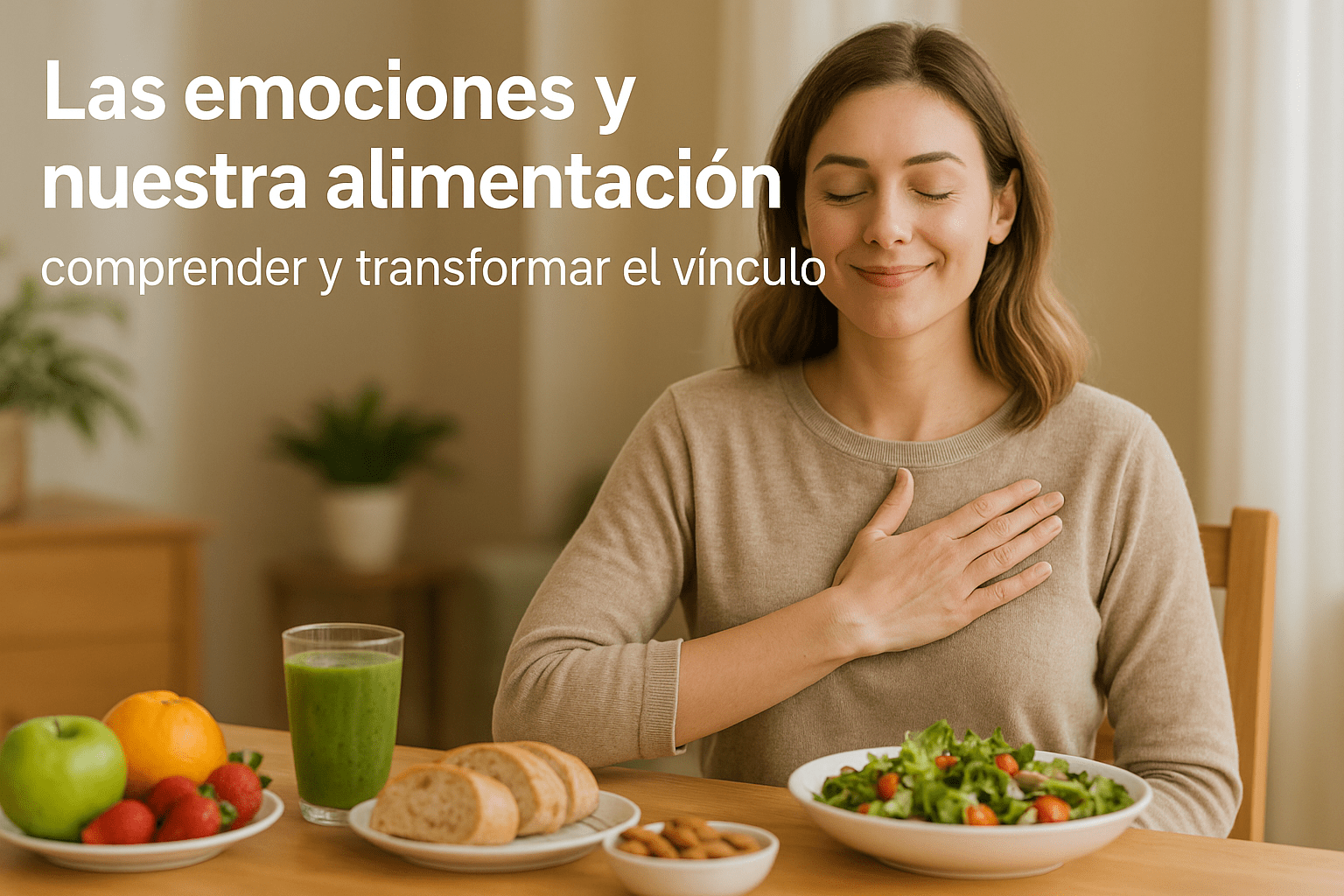 Mujer con mano en el corazón sonriendo serenamente frente a una mesa con alimentos saludables