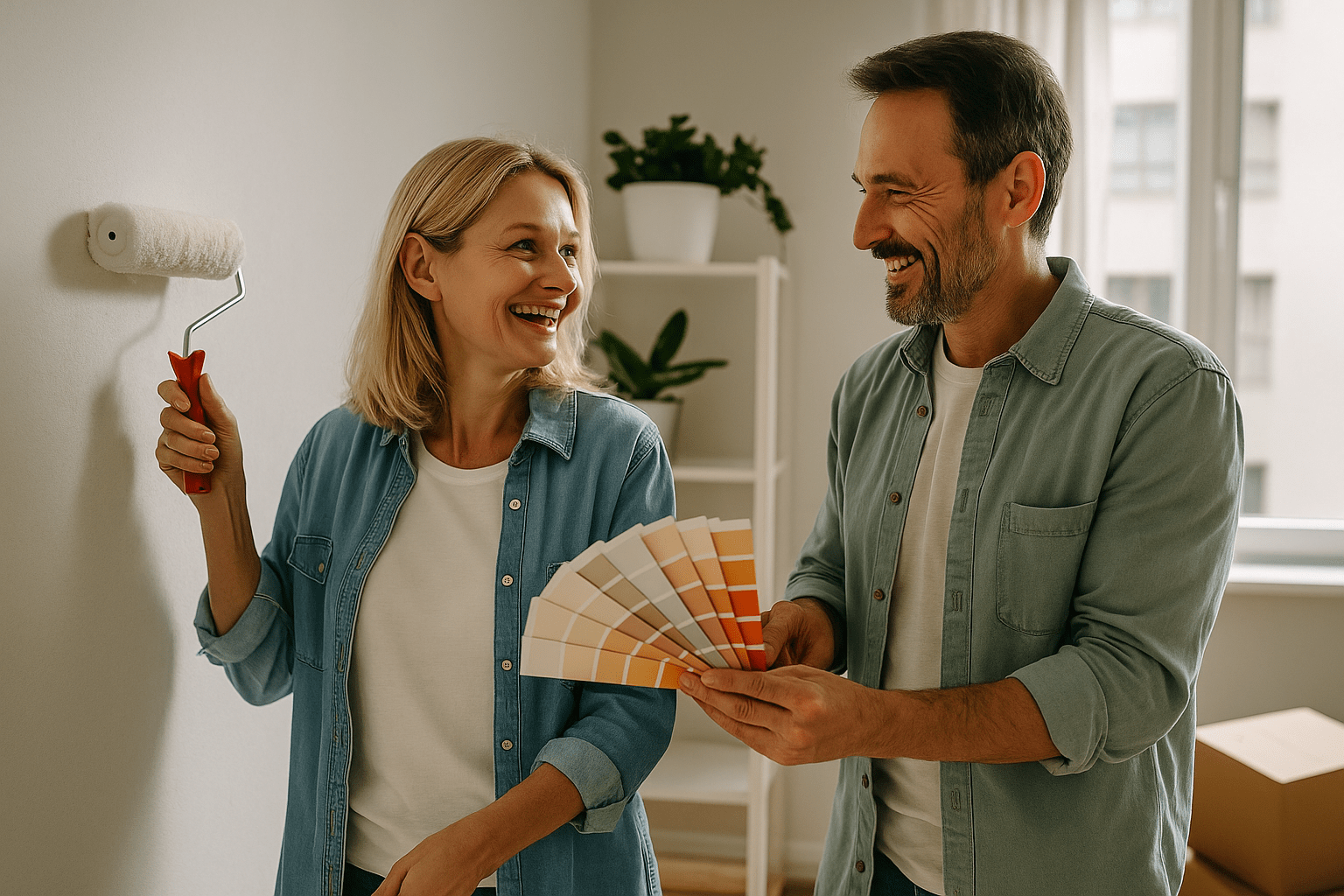 Una pareja decorando su casa