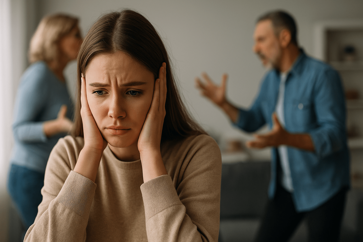 Mujer joven cubriéndose los oídos con las manos, mientras al fondo se observan a sus padres discutiendo con gestos agresivos, representando la sensibilidad frente a entornos conflictivos.
