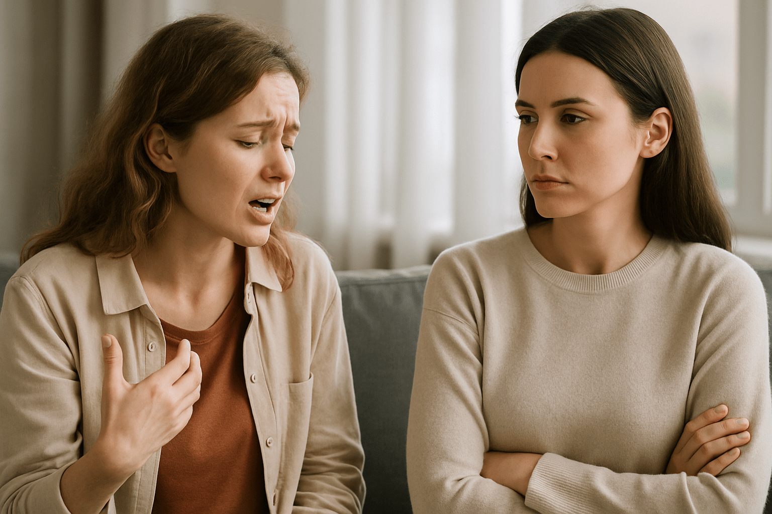 Dos mujeres conversando, una mostrando indiferencia con los brazos cruzados y otra expresando emoción con las manos