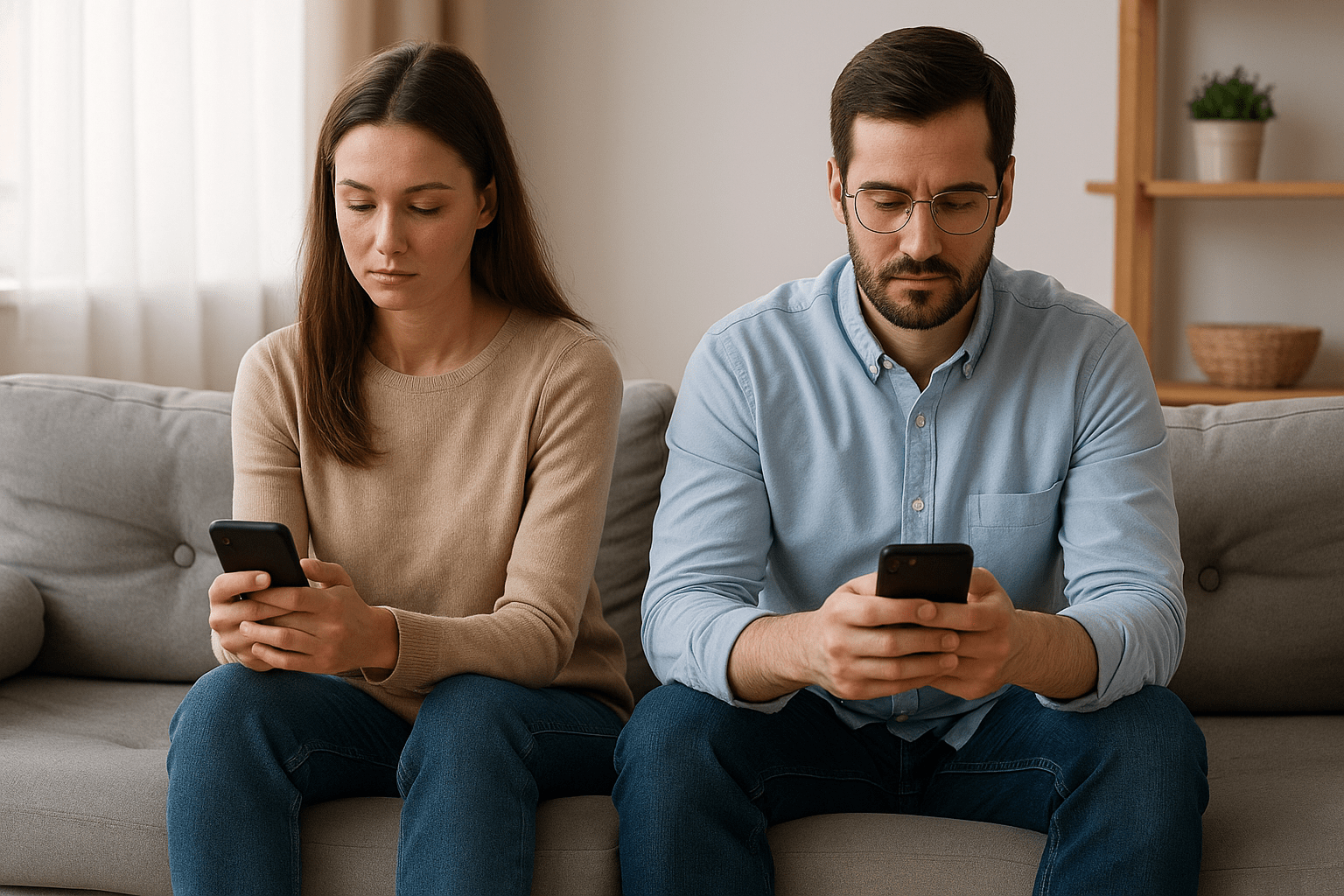 Pareja sentada en un sofá, cada uno mirando su teléfono sin contacto visual ni físico, mostrando soledad en la relación