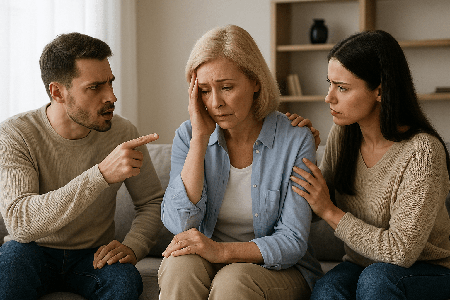 res personas en una sala: una con gesto triste, otra señalando de forma crítica y una tercera ofreciendo consuelo, representando el triángulo de Karpman en acción.