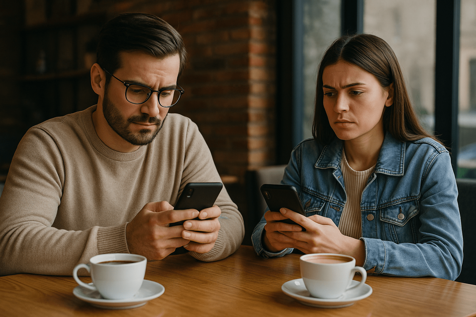 Una pareja en un café, cada uno mirando su celular con expresiones tensas, mostrando distancia emocional.