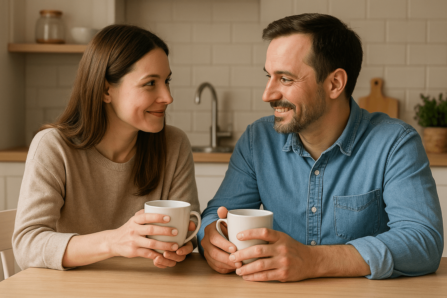 Una pareja en la cocina compartiendo un café, mirándose a los ojos con complicidad y ternura.