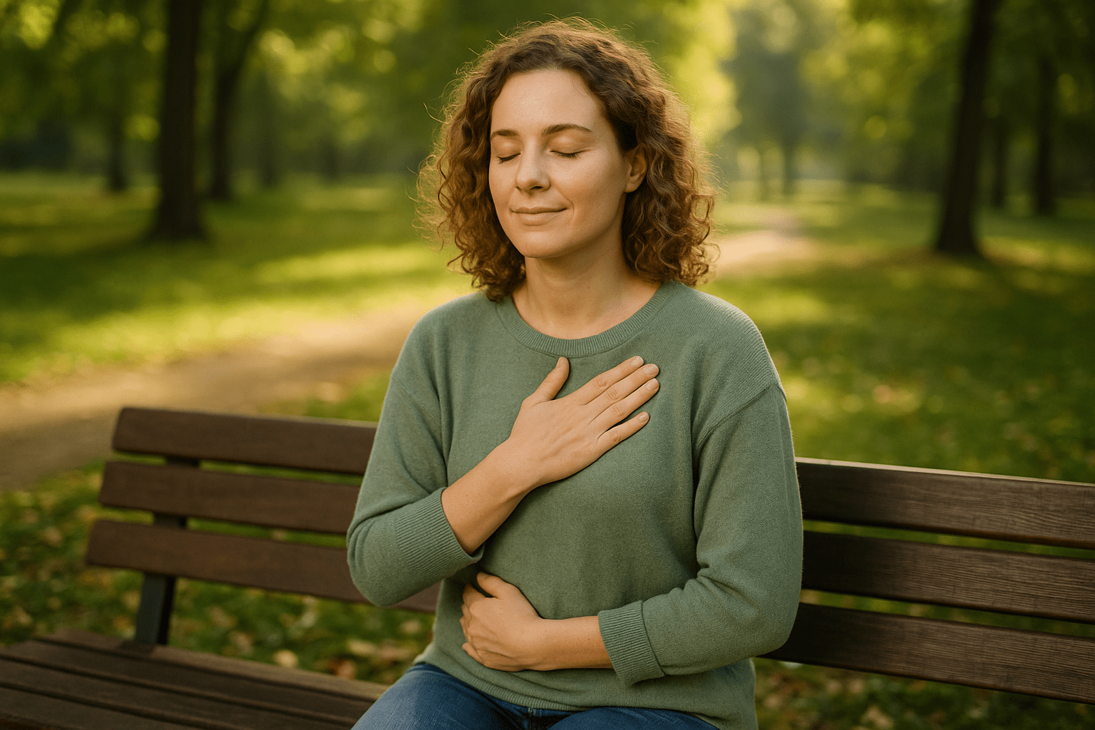 Una mujer joven sentada en un banco de parque con la mano en el corazón, ojos cerrados y expresión serena, rodeada de árboles verdes iluminados por el sol.