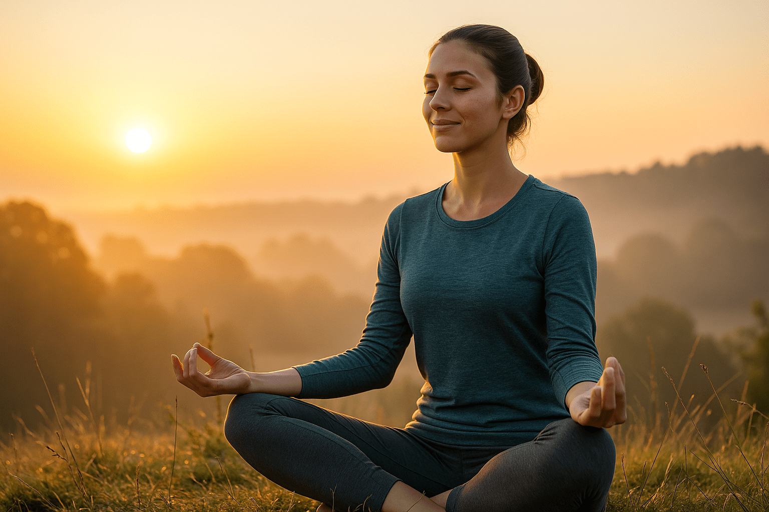 Una mujer joven meditando al aire libre al amanecer, sentada en posición de loto sobre una colina, rodeada de luz dorada y naturaleza serena.