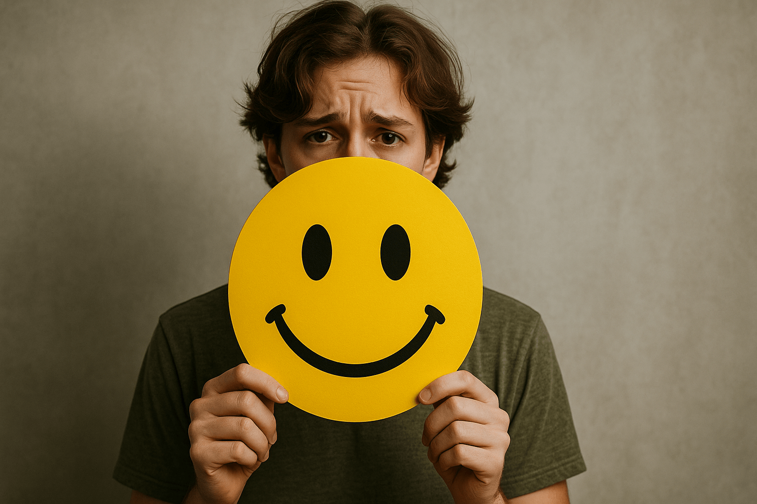 Una persona sostiene una máscara amarilla sonriente frente a su rostro, mientras sus ojos muestran tristeza, simbolizando la positividad tóxica.