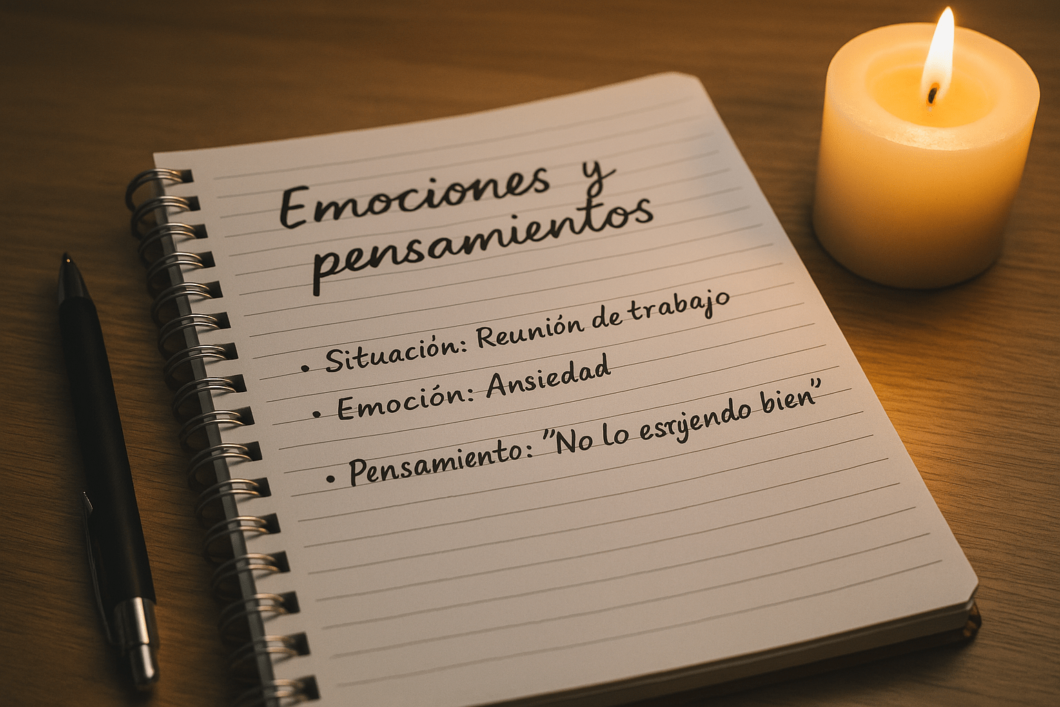 cuaderno abierto con notas escritas sobre emociones y pensamientos en español, acompañado de una vela encendida y un bolígrafo sobre una mesa de madera.