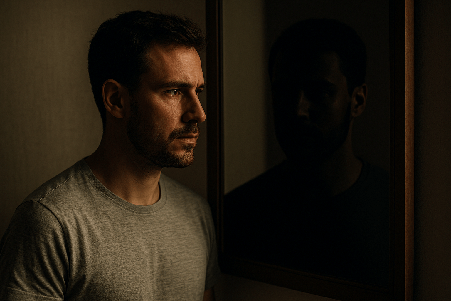 Un hombre observa su reflejo en el espejo, con una mitad de su rostro iluminada y la otra en sombra, simbolizando luces y defectos.
