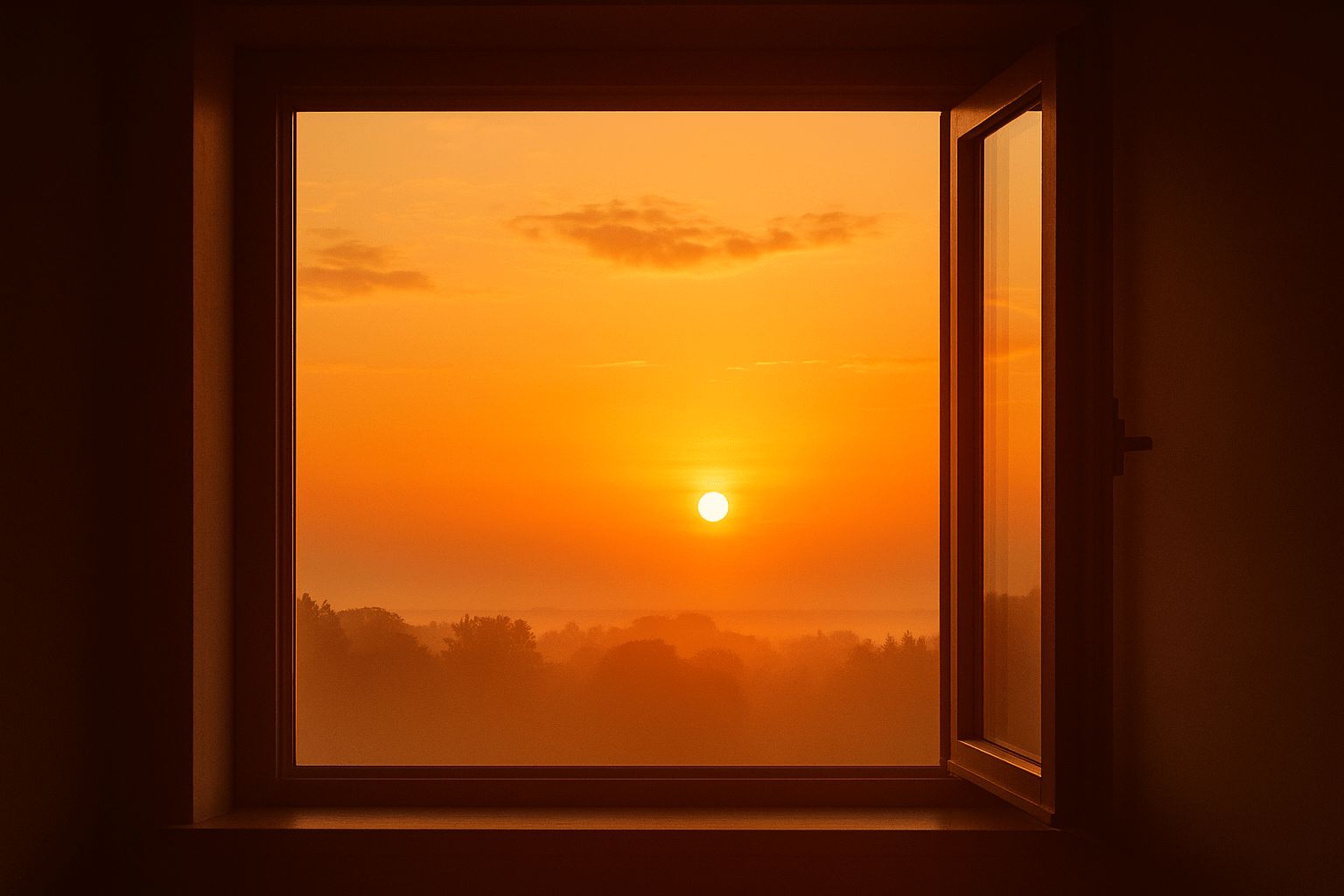Amanecer visto desde una ventana abierta, símbolo de renacimiento y superación personal.