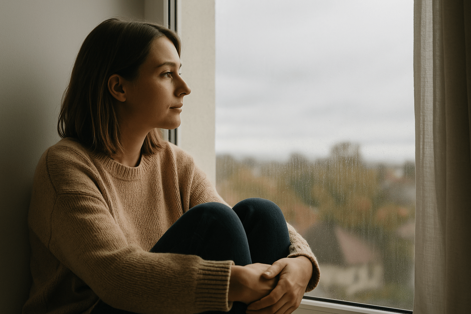 Persona sentada junto a una ventana en un día nublado, contemplando hacia afuera con serenidad