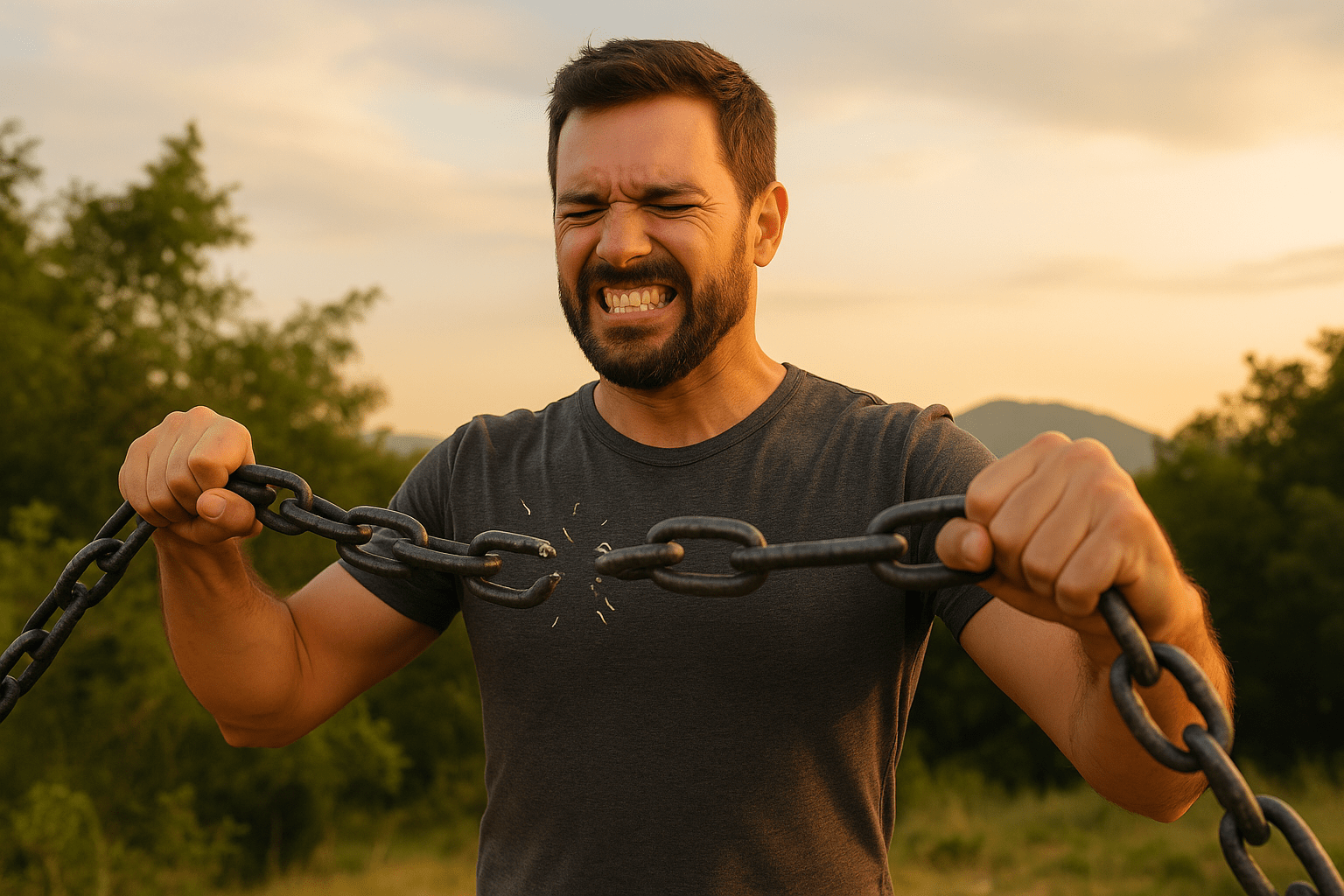 Hombre rompiendo una cadena al aire libre, simbolizando liberación de malos hábitos