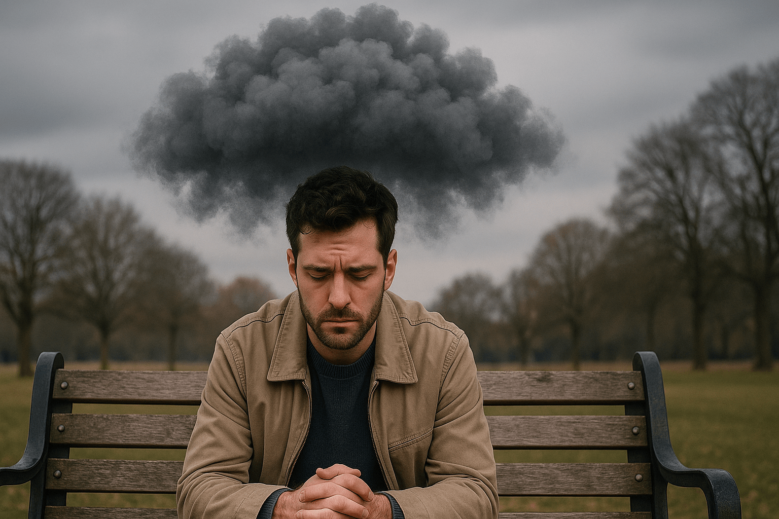 Hombre sentado en un banco con una nube oscura sobre su cabeza que se disipa, simbolizando la liberación de pensamientos intrusivos