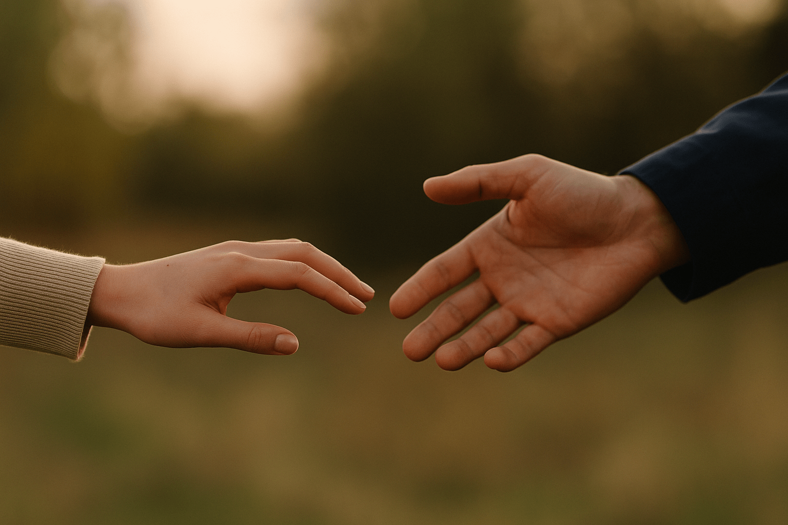 Dos manos que se acercan lentamente sin tocarse, simbolizando la confianza en construcción en una relación con apego evitativo
