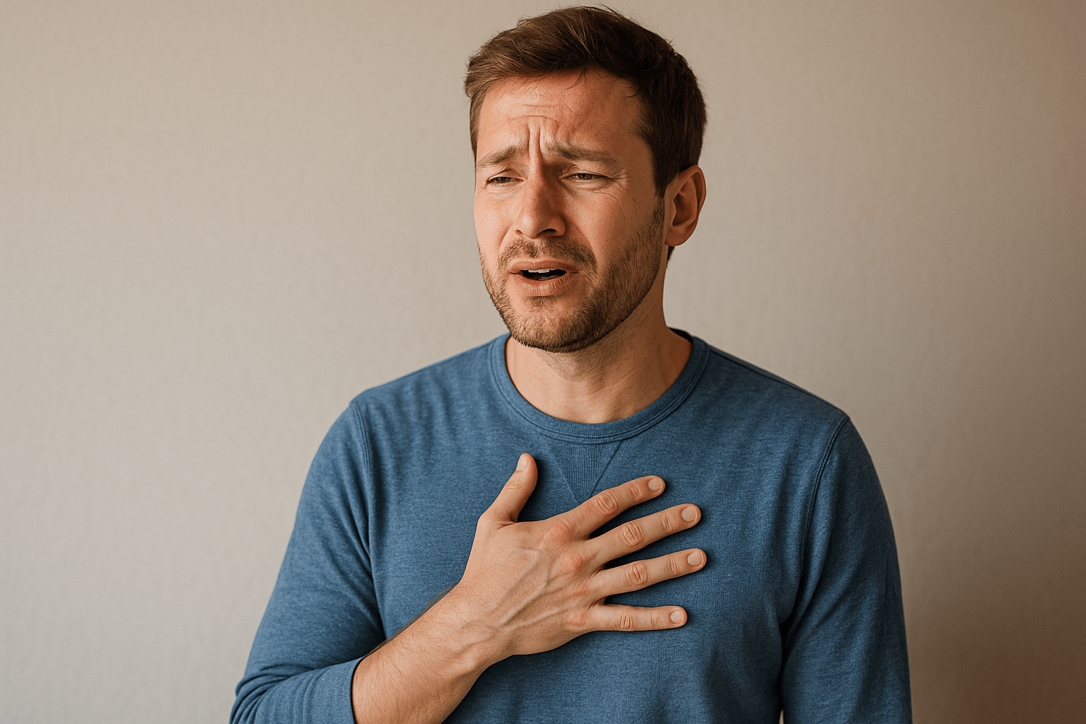 Hombre con la mano en el pecho intentando hablar, mostrando expresión de bloqueo emocional