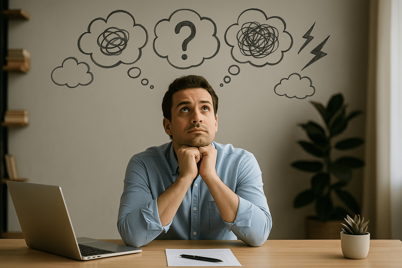 Persona sentada en su escritorio, apoyando los codos sobre la mesa y con las manos en el mentón, mirando hacia arriba, con varias nubes sobre su cabeza que representan pensamientos repetitivos.
