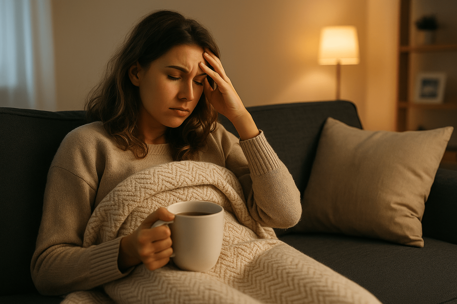 Mujer joven recostada en un sillón con manta y taza de té, mostrando expresión de agotamiento en una sala con luz tenue, formato panorámico