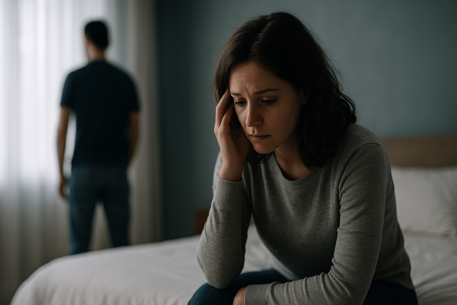 Mujer joven sentada sola en la cama con gesto de tristeza, mientras al fondo aparece difusa la silueta de su pareja de pie, transmitiendo distancia emocional. Formato 16:9.