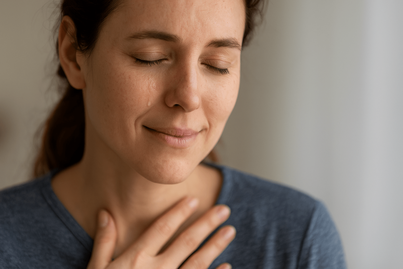 Primer plano de una mujer con lágrimas en el rostro pero con expresión de calma, con la mano en el pecho y los ojos cerrados, transmitiendo serenidad y autorregulación emocional. Formato 16:9.