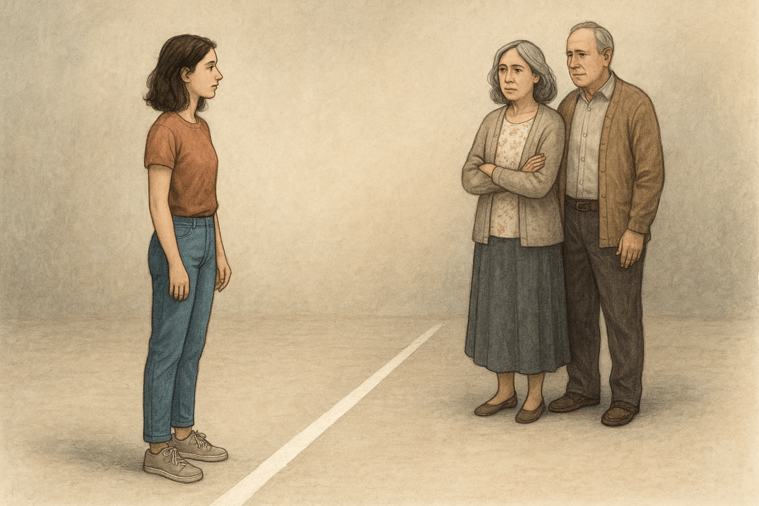 Ilustración realista de una joven de pie frente a una línea en el suelo, con sus padres al otro lado observándola con respeto, simbolizando límites familiares.