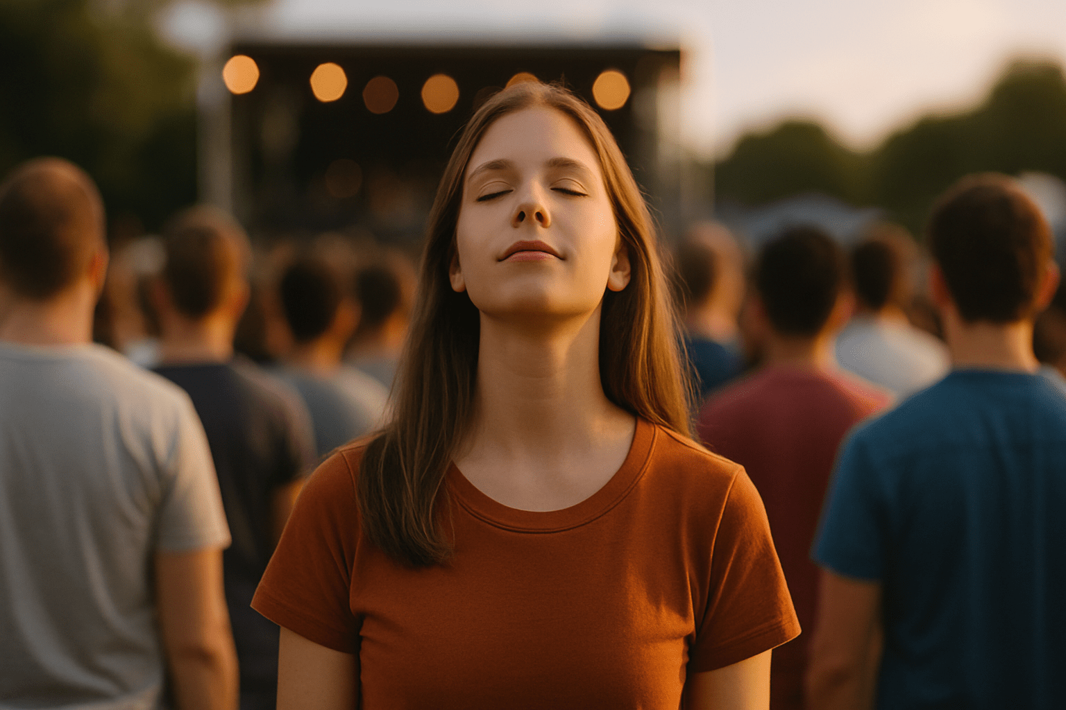 Mujer joven con los ojos cerrados mirando hacia el cielo con calma en medio de una multitud durante un evento al aire libre