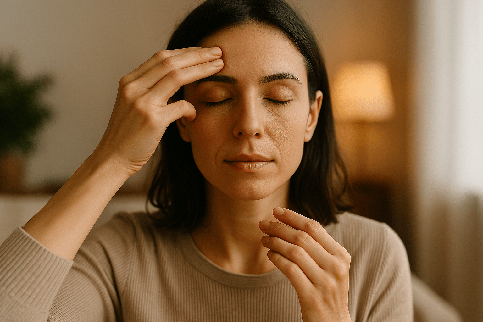Mujer joven con ojos cerrados aplicando EFT Tapping en el rostro, en un ambiente sereno iluminado con luz cálida.