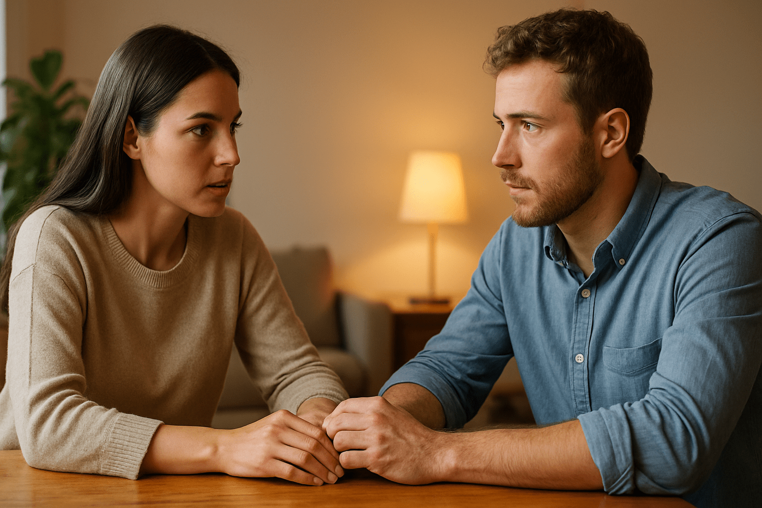 Pareja joven conversando con calma y empatía en una mesa, practicando responsabilidad afectiva en un ambiente cálido