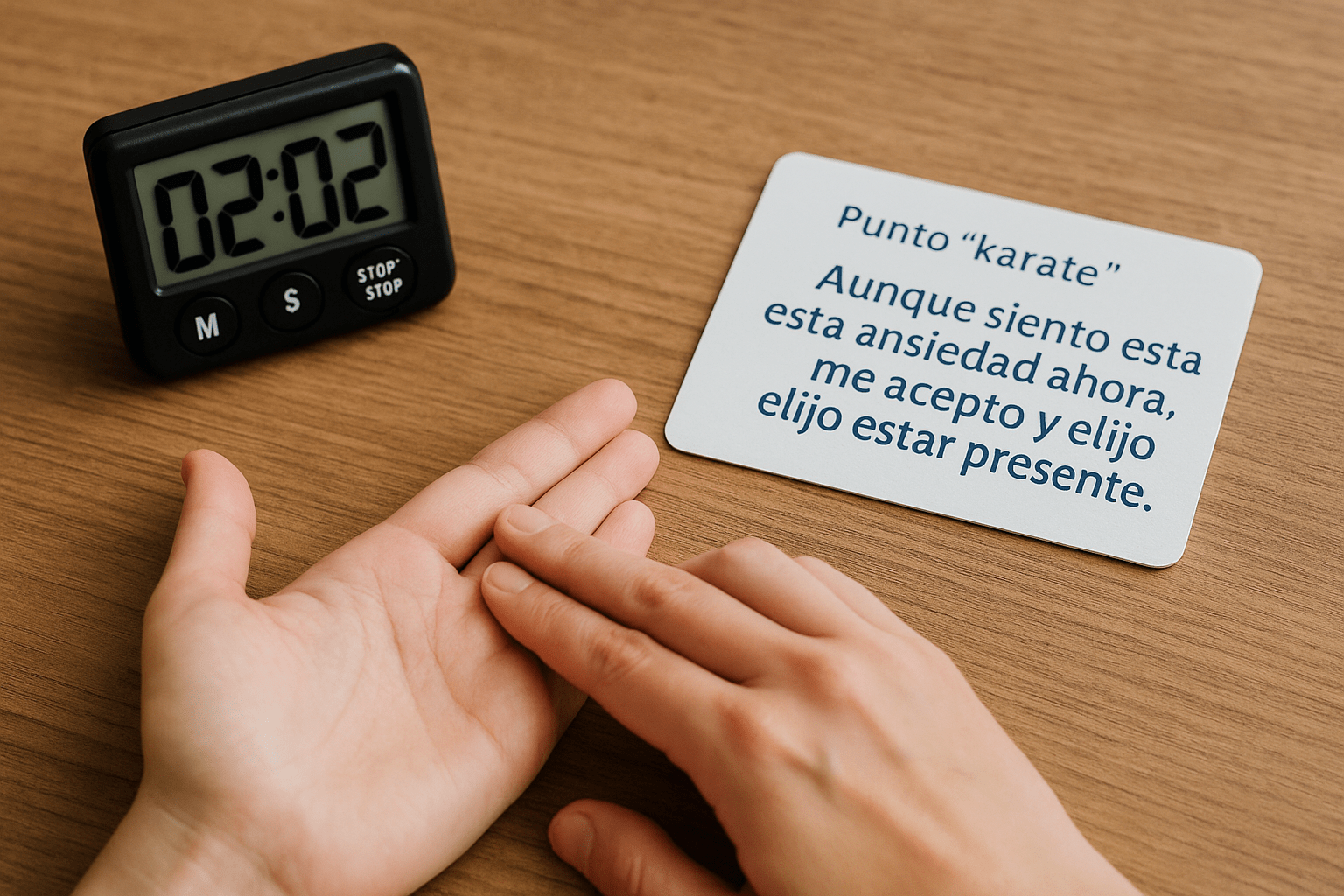 Manos practicando el punto “karate” de tapping sobre un escritorio, junto a un cronómetro y una tarjeta con frases de autoaceptación.