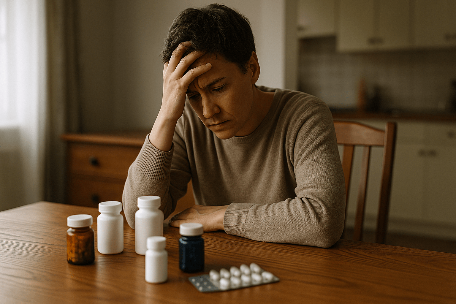 Persona sentada en el comedor, con expresión de preocupación, observando frascos de medicamentos sobre la mesa