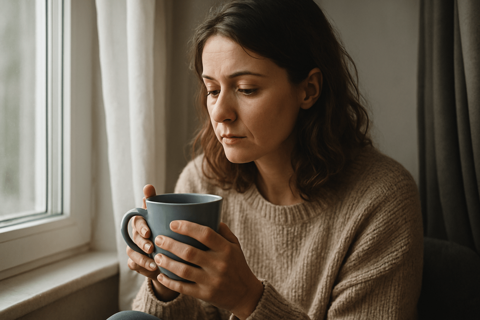 Mujer joven sentada junto a una ventana con luz suave, sosteniendo una taza caliente y con gesto sereno y reflexivo.
