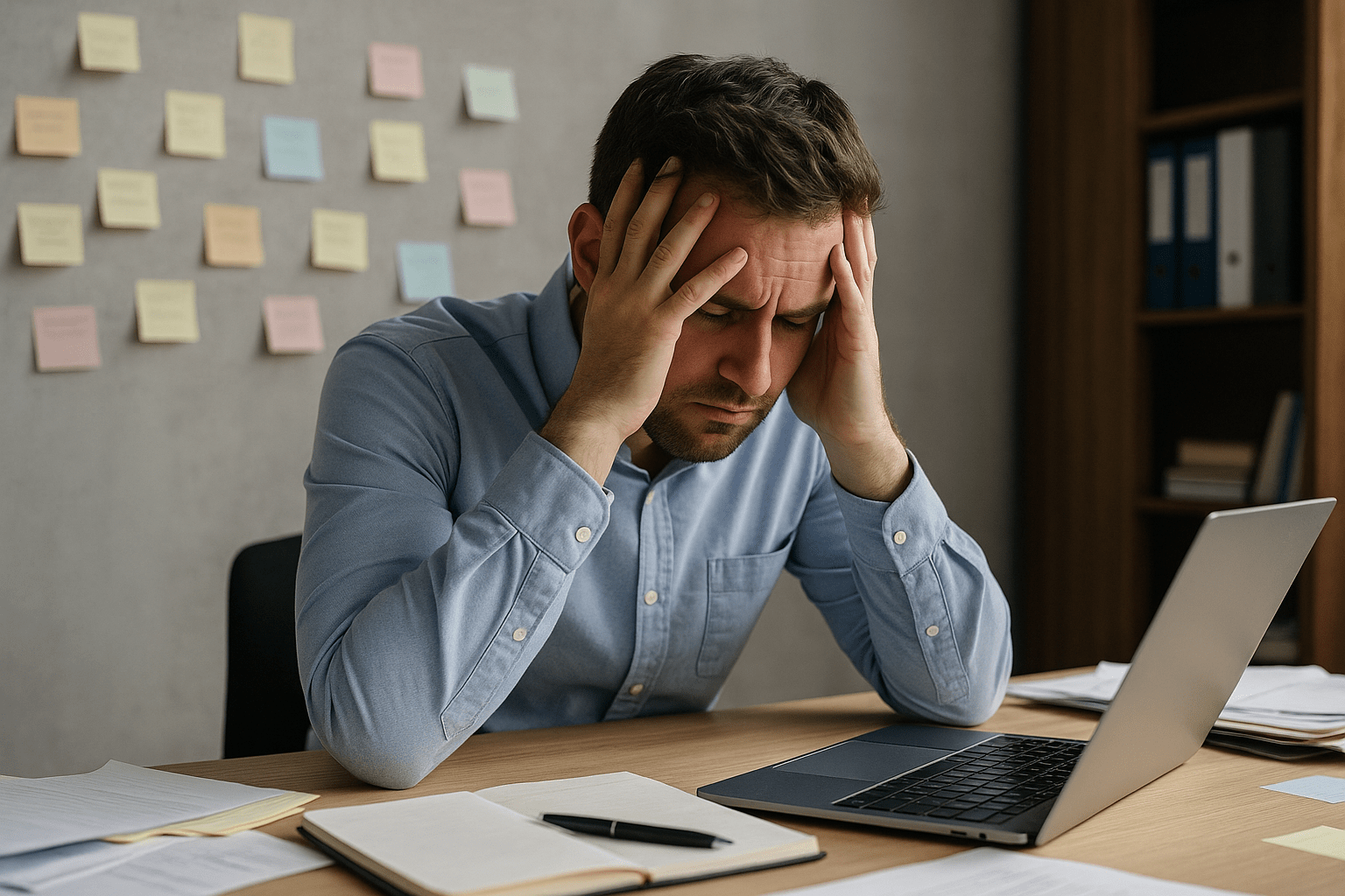 Un adulto sentado frente a un escritorio desordenado con la cabeza entre las manos, mostrando frustración por falta de concentración.