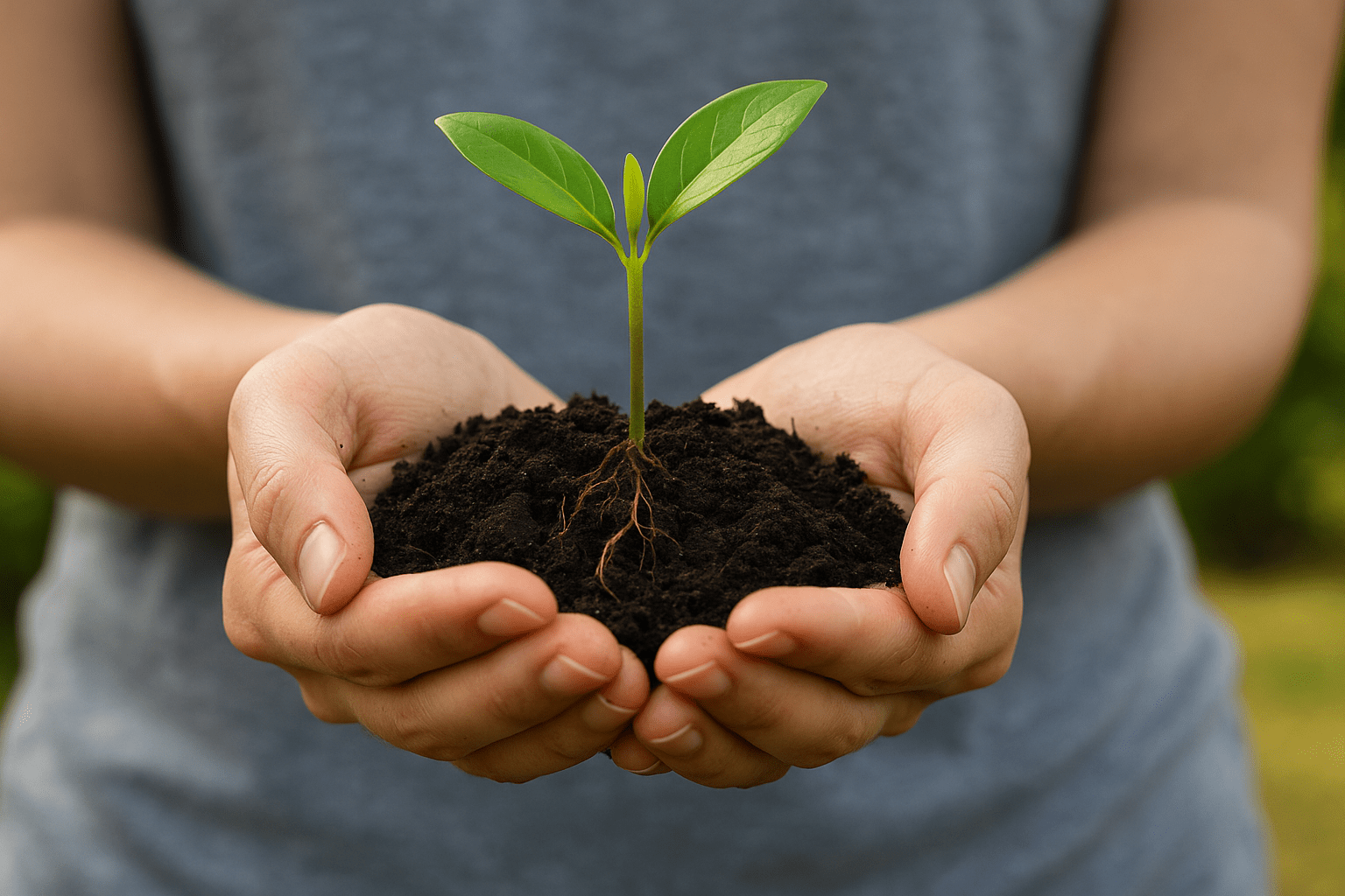 Primer plano de manos sosteniendo una planta joven con raíces visibles sobre tierra húmeda, simbolizando crecimiento y cuidado.
