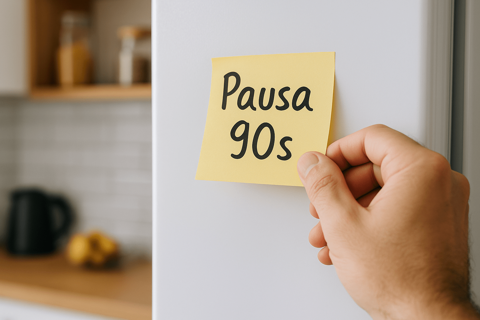 Primer plano de una mano colocando un post-it en la puerta de una heladera con la frase “Pausa 90s”, en una cocina real iluminada naturalmente.
